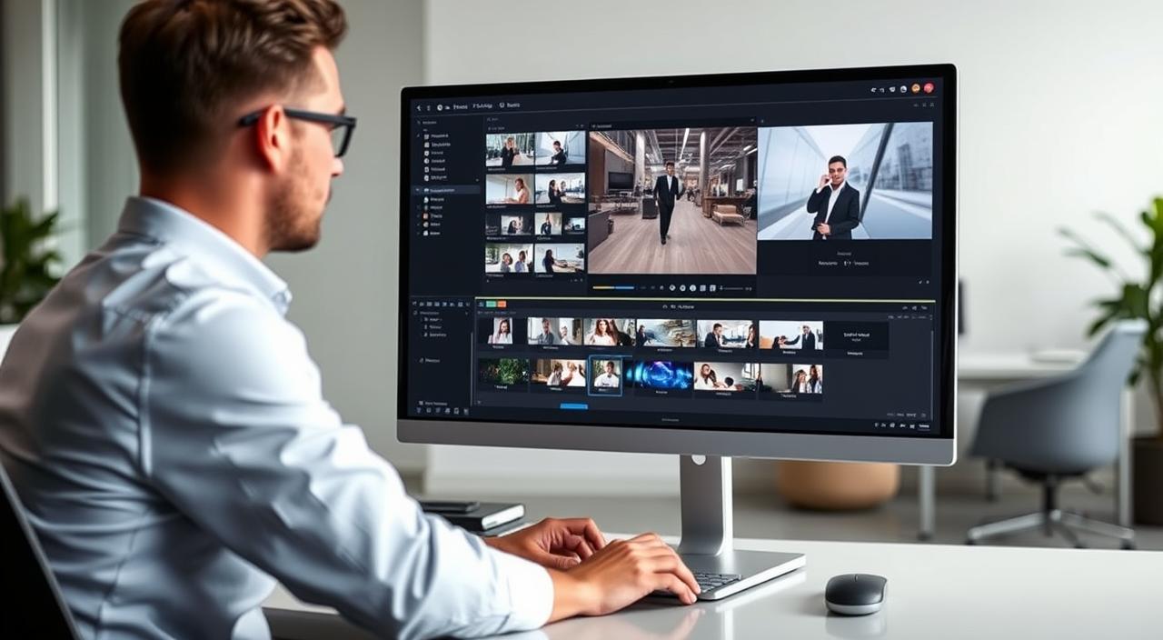 A sleek, modern office setting with a large, high-resolution computer display showcasing an intuitive InVideo AI video creation interface. In the foreground, a professional-looking person interacts with the software, manipulating video clips, adding effects, and seamlessly coordinating a multimedia production. The middle ground features a clutter-free workspace with minimal, ergonomic furniture, allowing the focus to remain on the creative process. The background is softly blurred, presenting a calming, minimalist environment that promotes productivity and innovation. The overall scene conveys the effortless, streamlined workflow that InVideo AI provides, empowering businesses and individuals to elevate their video content with ease.