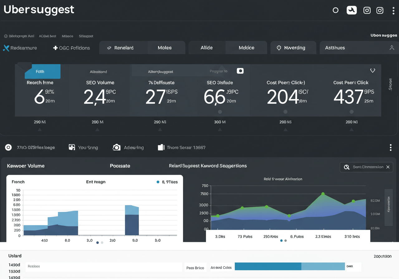 Ubersuggest interface showcasing SEO tools and keyword analysis. The image highlights search volume, competition, and SEO difficulty for various keywords, along with graphs and data to improve website rankings.