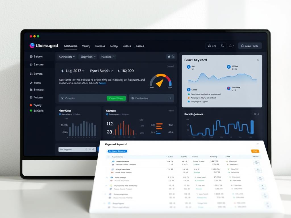 Ubersuggest dashboard showing keyword research, SEO analytics, and suggestions for improving website traffic. The interface displays data visualizations, keyword rankings, and website performance metrics.