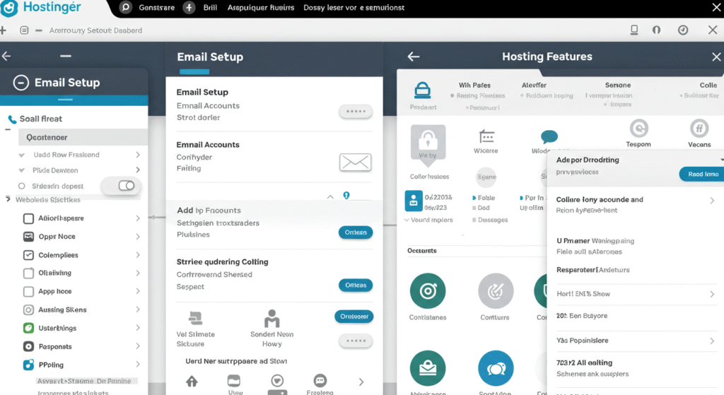 A Hostinger account dashboard displayed on a computer screen, highlighting the email setup section and hosting features. The interface showcases options for creating a free business email, managing domains, and configuring security settings. Clean icons and an intuitive layout make navigation easy, emphasizing Hostinger’s user-friendly experience.