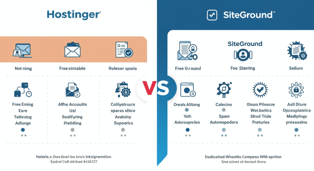 A side-by-side infographic comparing Hostinger and SiteGround's free email offerings. Hostinger’s section highlights free business email, integration with email clients, and spam protection. SiteGround’s section showcases its email security features, pricing differences, and setup process. The infographic uses a clean layout with icons, contrasting colors, and simplified text for easy comparison.