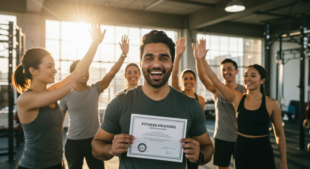 Group of diverse certified personal trainers celebrating with Fitness Mentors certificates in modern gym setting
