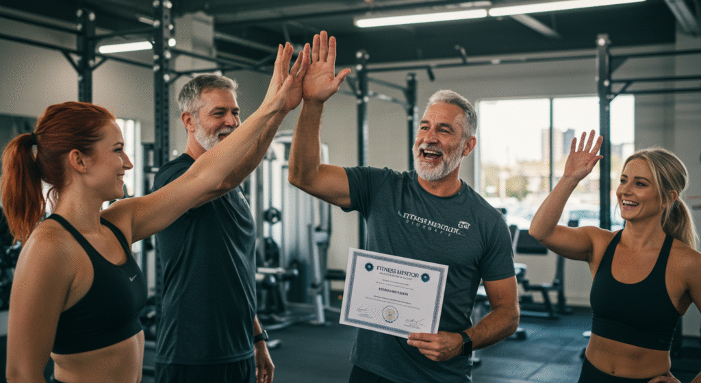Close-up of Fitness Mentors certification document with graduation cap and dumbbell, symbolizing career achievement in personal training