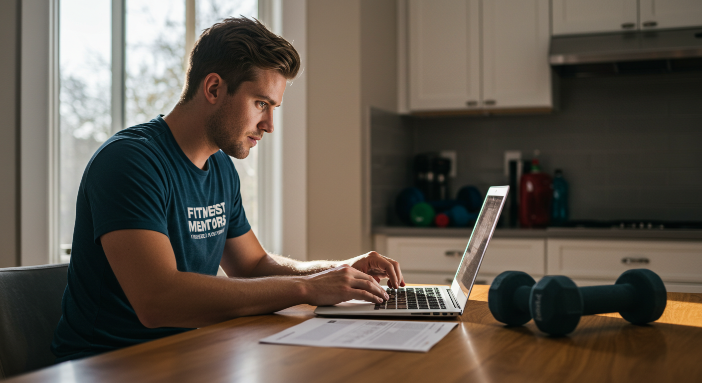 Smiling adult studying Fitness Mentors certification course online with notebook and protein shake, showing convenient home learning