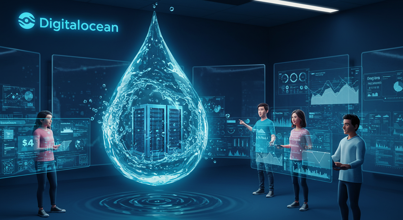 DigitalOcean cloud hosting interface with a glowing water droplet transforming into interconnected servers, showcasing scalable cloud infrastructure for developers and startups.