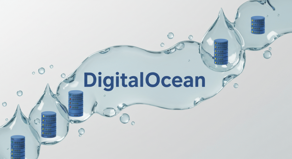 DigitalOcean Droplets and cloud servers visualized as dynamic blue droplets forming a scalable network, illustrating simple and affordable cloud hosting for developers.