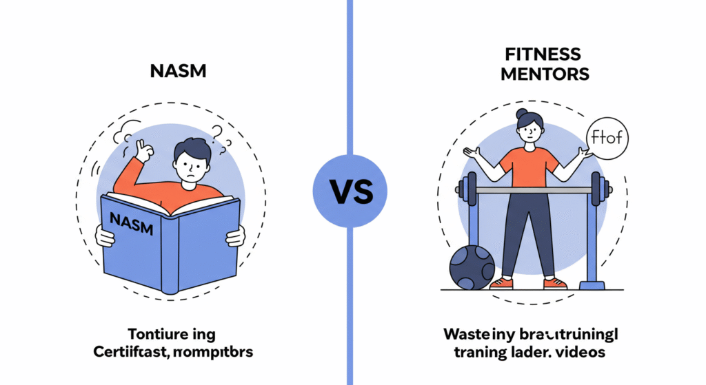 Cartoon comparison of overwhelmed NASM student vs confident Fitness Mentors learner, highlighting practical vs theoretical approaches